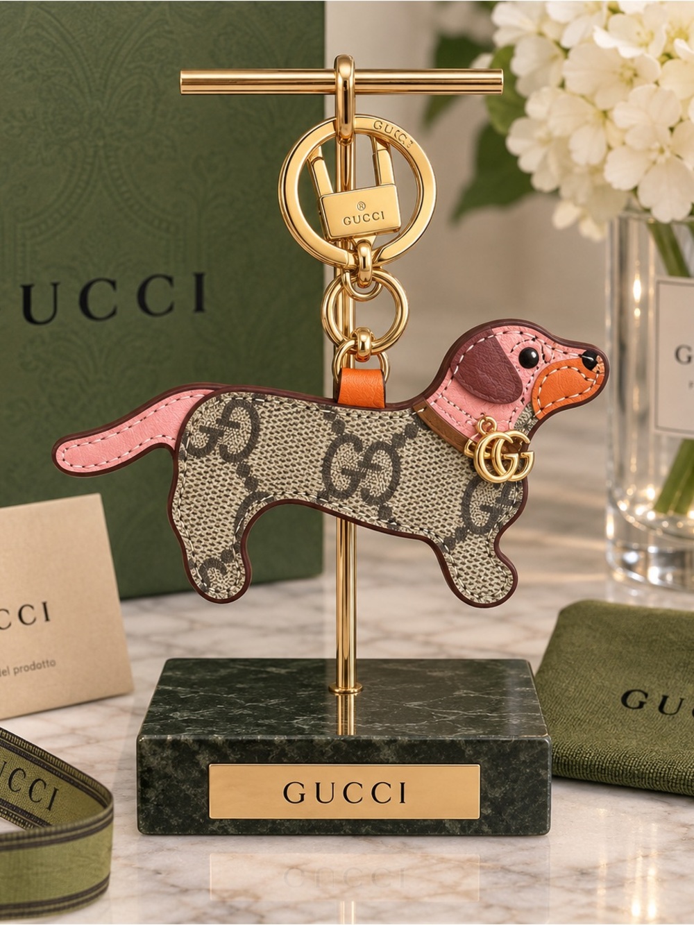 Luxury Fashion Monogram Dachshund Keychain with Pink Accents
